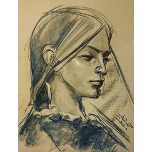 Doda Baloch, Tribad Girl III, 11 x 14.4 Inch, Charcoal on Paper, Figurative Painting, AC-DDB-015
